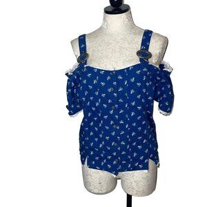 Designer|S Vintage Womens Cold Shoulder Top Size 44 Blue Floral Shirred Corset